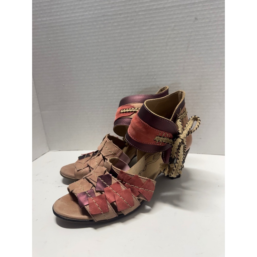 Dkode Portugal Leather Patchwork Woven Tassel Heeled Sandals Burgundy Tan 37 6.5